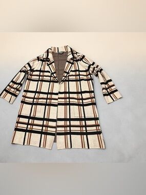 Oliver O Plaid Open-Front Coat in Cream & Brown Women’s 1X